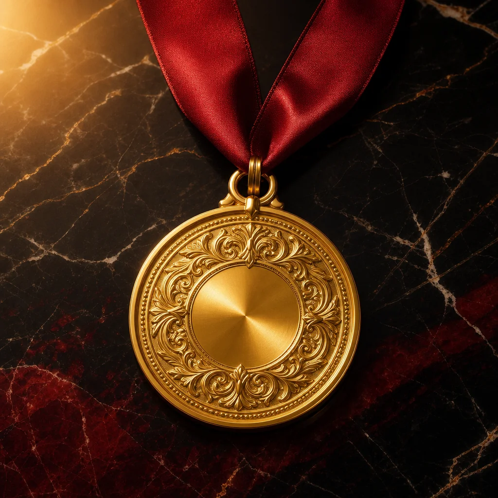 Golden shield emblem with laurel award badge